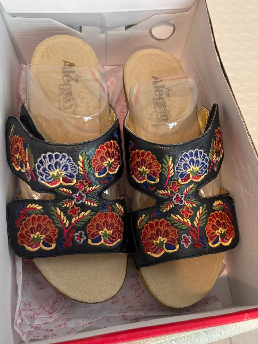 Alegria Black Slide Sandals with Multicolor Floral Embroidery